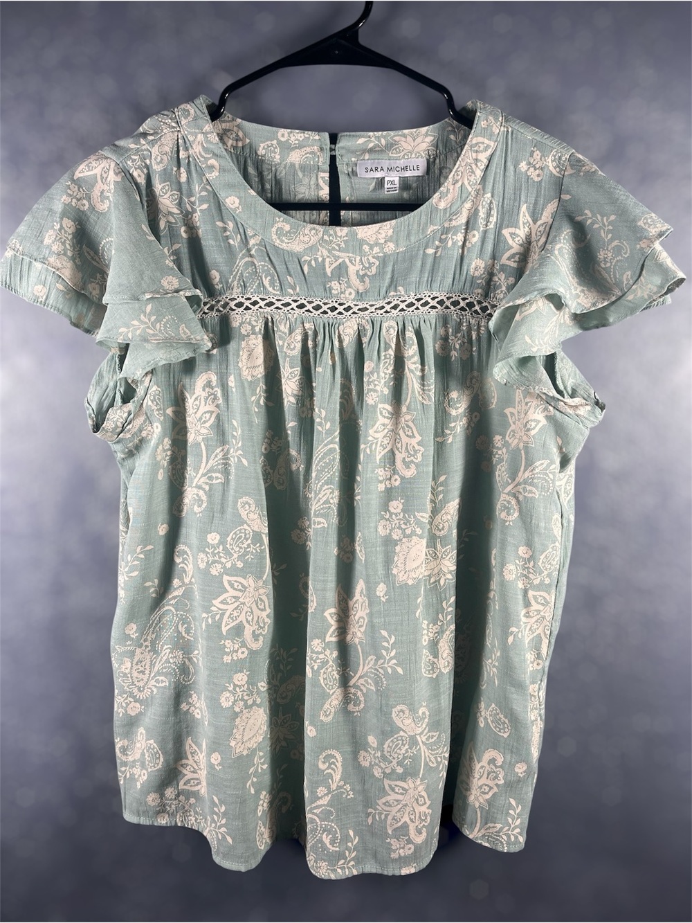 Sara Michelle Sage Floral Ruffle Sleeve Blouse PXL